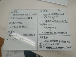 ホワイトボードに書かれた文字。「事例１　障害のない方を優先している。→車いすの方のスペースを確保。事例２　差別でない。→チケット代を統一。事例３　差別。「車いすは危ない」と決めつけている。→マニュアル改善」もう一枚のホワイトには、「1年　事例１　差別　立てる人（障害がない人）が中心となっている→障害者の人も入れるべき。事例２　差別じゃない　スタッフに頼む→介助ができるスタッフを増やす。　事例３　差別　たとえ障害者でも歩けるから、ふつうの人と同じ。（病気によって）障害者の人も歩ければＯＫ！
